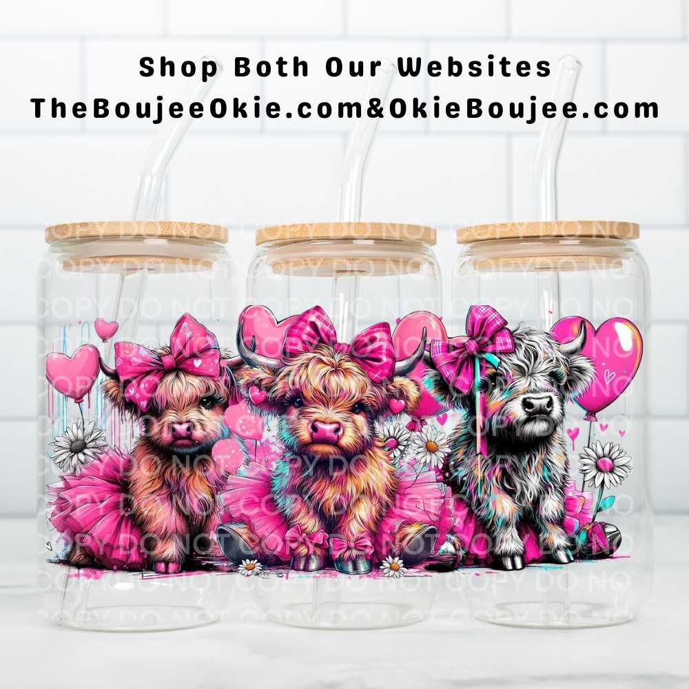 Valentine Pink Tutu Highland Cow UV DTF Double-Sided Wrap – 16oz Glass Can & Tumbler Design