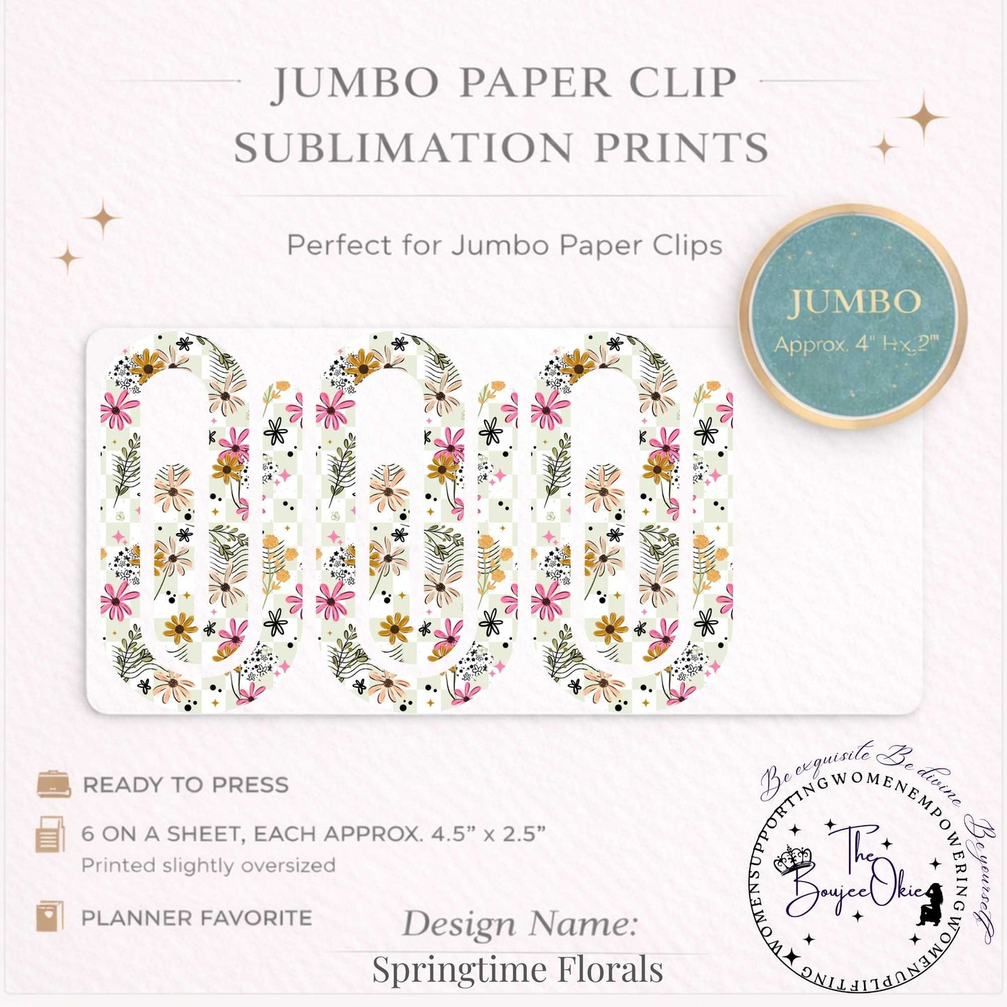 Springtime Florals Jumbo Paper Clip Sublimation Prints – 8.5” x 11” Sheet (6 Per Page, 4.5” x 2.5”) Premium Quality Transfers