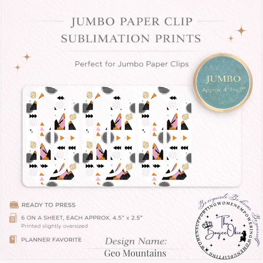 Geo Mountains Jumbo Paper Clip Sublimation Prints – 8.5” x 11” Sheet (6 Per Page, 4.5” x 2.5”) Premium Quality Transfers