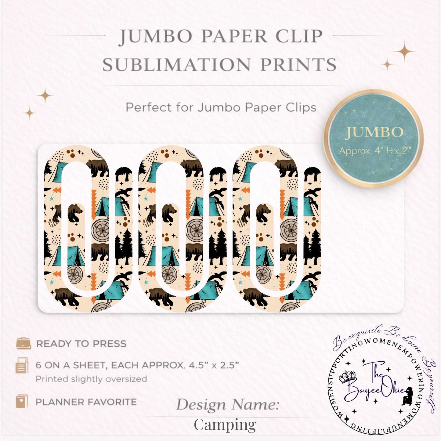 Camping Jumbo Paper Clip Sublimation Prints – 8.5” x 11” Sheet (6 Per Page, 4.5” x 2.5”) Premium Quality Transfers