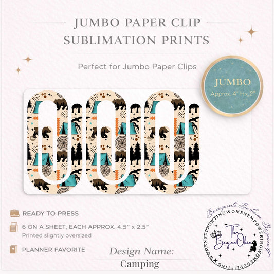 Camping Jumbo Paper Clip Sublimation Prints – 8.5” x 11” Sheet (6 Per Page, 4.5” x 2.5”) Premium Quality Transfers