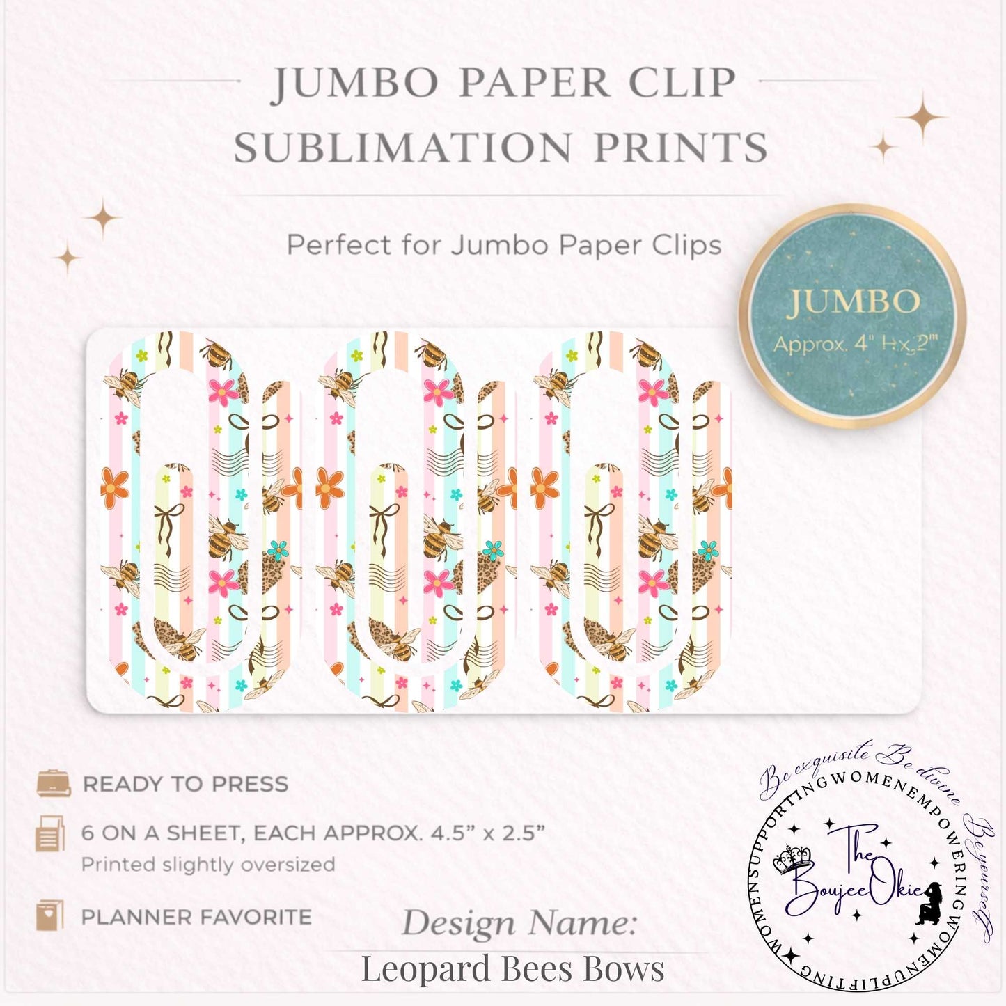 Leopard Bees Bows Jumbo Paper Clip Sublimation Prints – 8.5” x 11” Sheet (6 Per Page, 4.5” x 2.5”) Premium Quality Transfers