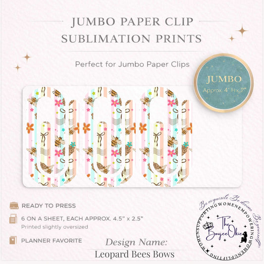 Leopard Bees Bows Jumbo Paper Clip Sublimation Prints – 8.5” x 11” Sheet (6 Per Page, 4.5” x 2.5”) Premium Quality Transfers