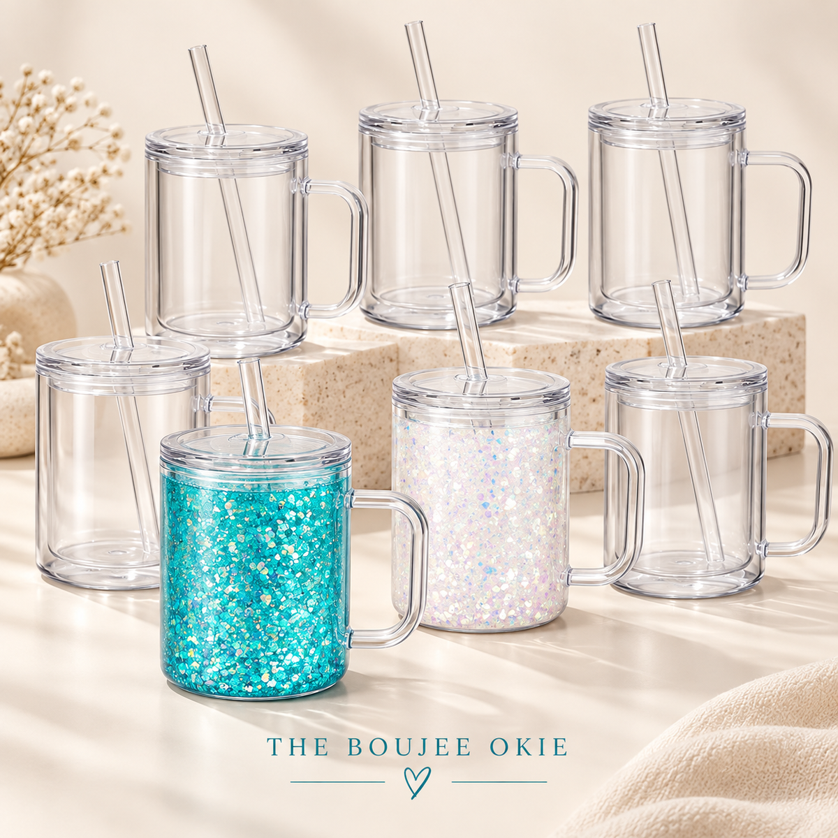 15 oz Acrylic Snow Globe Tumbler with Handle, Pre-Drilled Clear DIY Cup Blank with Lid and Straw