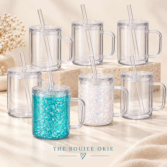 15 oz Acrylic Snow Globe Tumbler with Handle, Pre-Drilled Clear DIY Cup Blank with Lid and Straw
