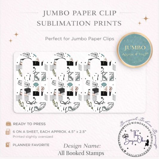 All Booked Stamps Jumbo Paper Clip Sublimation Prints – 8.5” x 11” Sheet (6 Per Page, 4.5” x 2.5”) Premium Quality Transfers