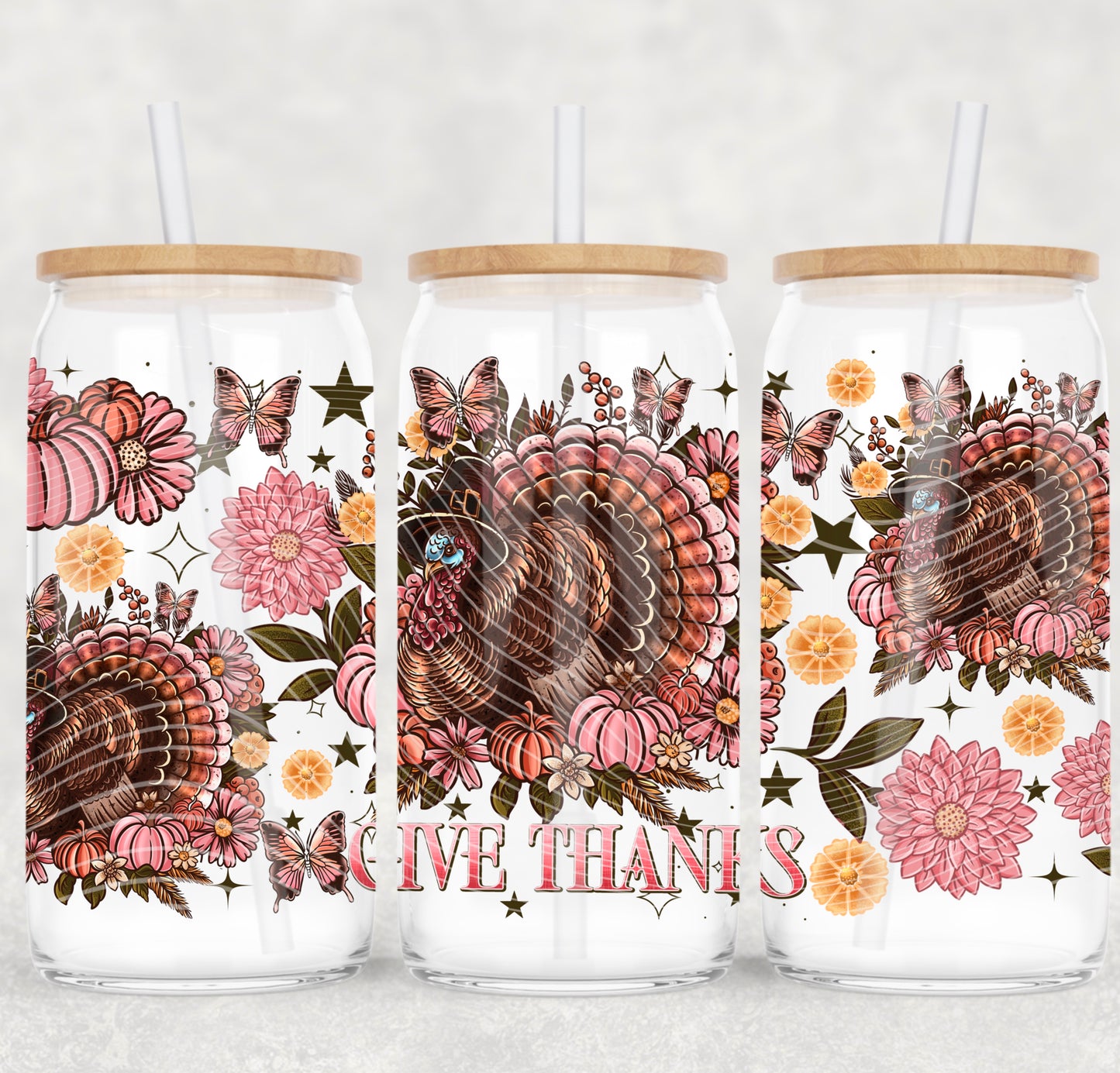 Give Thanks Pink Floral Turkey Uv Dtf Wrap