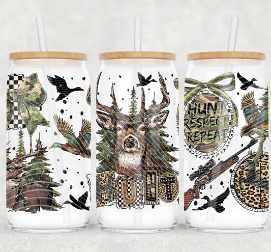 Hunt Respect Repeat UV DTF Double-Sided Wrap – 16oz Glass Can & Tumbler Design