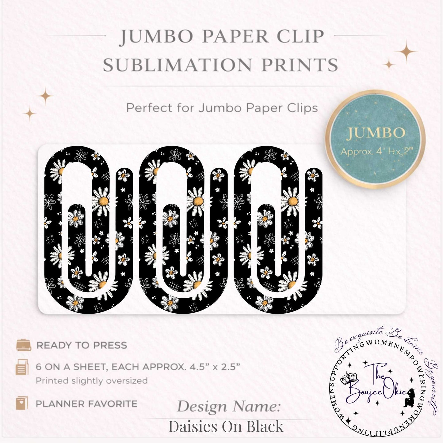 Daisies On Black Jumbo Paper Clip Sublimation Prints – 8.5” x 11” Sheet (6 Per Page, 4.5” x 2.5”) Premium Quality Transfers