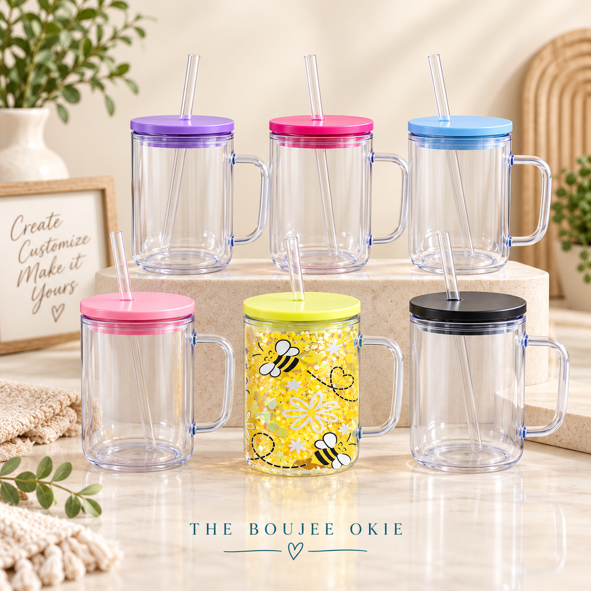 17 oz Acrylic Snow Globe Tumbler with Handle, Clear DIY Cup Blank with Colored Lid and Straw
