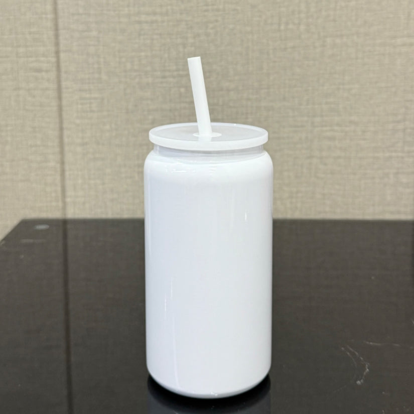 Stainless Steel Tumbler 16oz Beer Can Style White Lid Straw Included