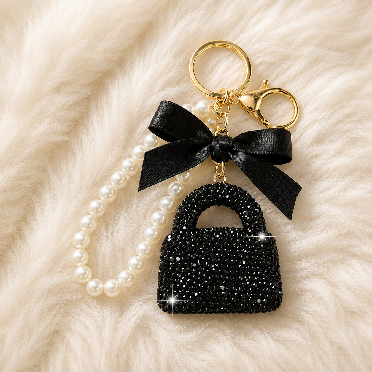 Rhinestone Handbag Charm Pearl Wristlet Keychain with Bow