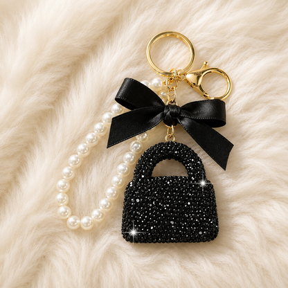 Rhinestone Handbag Charm Pearl Wristlet Keychain with Bow