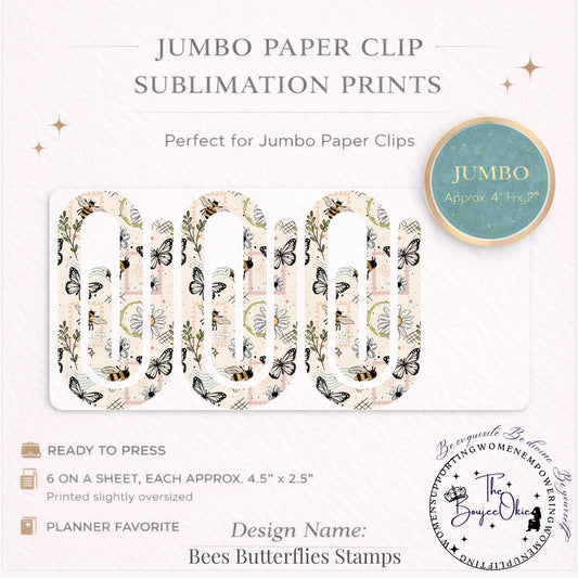 Bees & Butterfly Stamps Jumbo Paper Clip Sublimation Prints – 8.5” x 11” Sheet (6 Per Page, 4.5” x 2.5”) Premium Quality Transfers