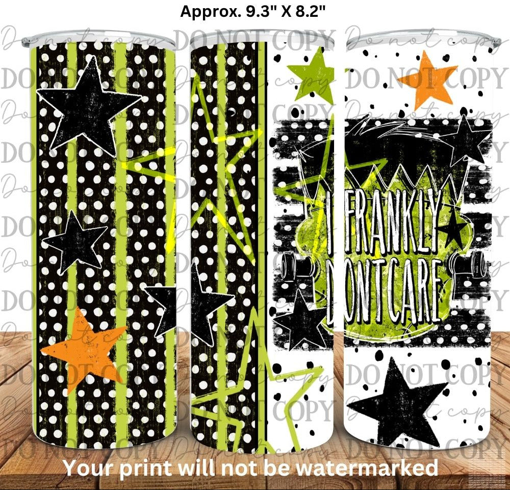 Three tall skinny tumblers with different black, white, lime green, and orange graphic design of a frankenstein stating frankly i don't care