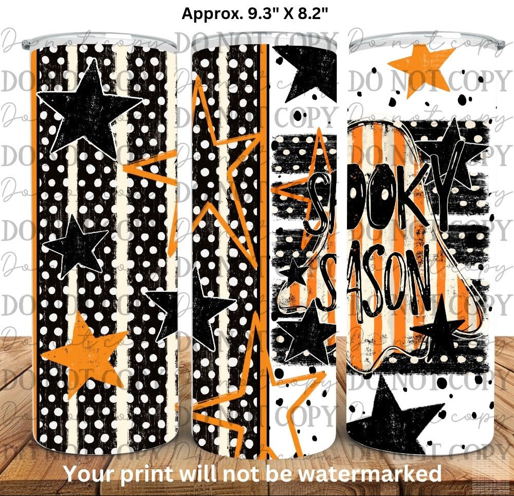 Three views of a skinny tumbler with a Halloween-themed 'Spooky Season' UV DTF print design, featuring black stars, stripes, and polka dots on black, white, and orange backgrounds.
