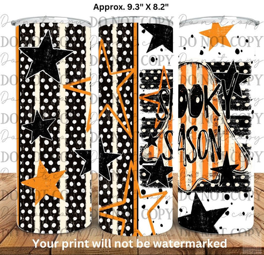 Three views of a skinny tumbler with a Halloween-themed 'Spooky Season' UV DTF print design, featuring black stars, stripes, and polka dots on black, white, and orange backgrounds.