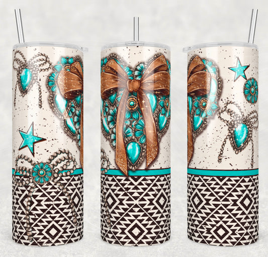 Western Turqoise Heart 20oz Skinny Tumbler Sublimation Print