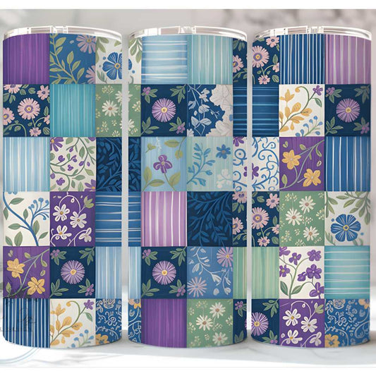 Blue Faux Patchwork Skinny Tumbler Sublimation Print