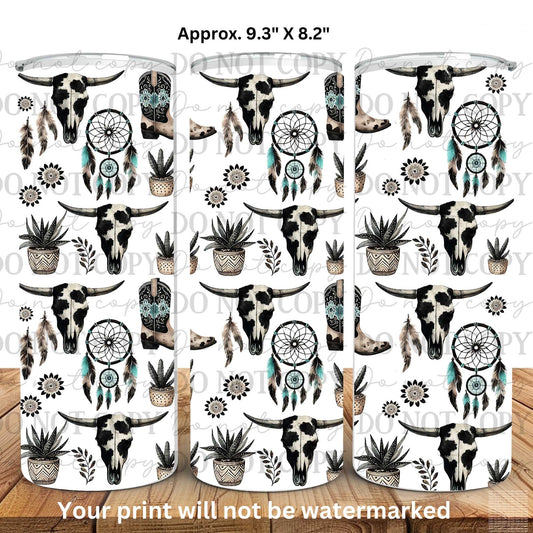 Boots And Cow Skulls 20oz Skinny Tumbler Sublimation Print