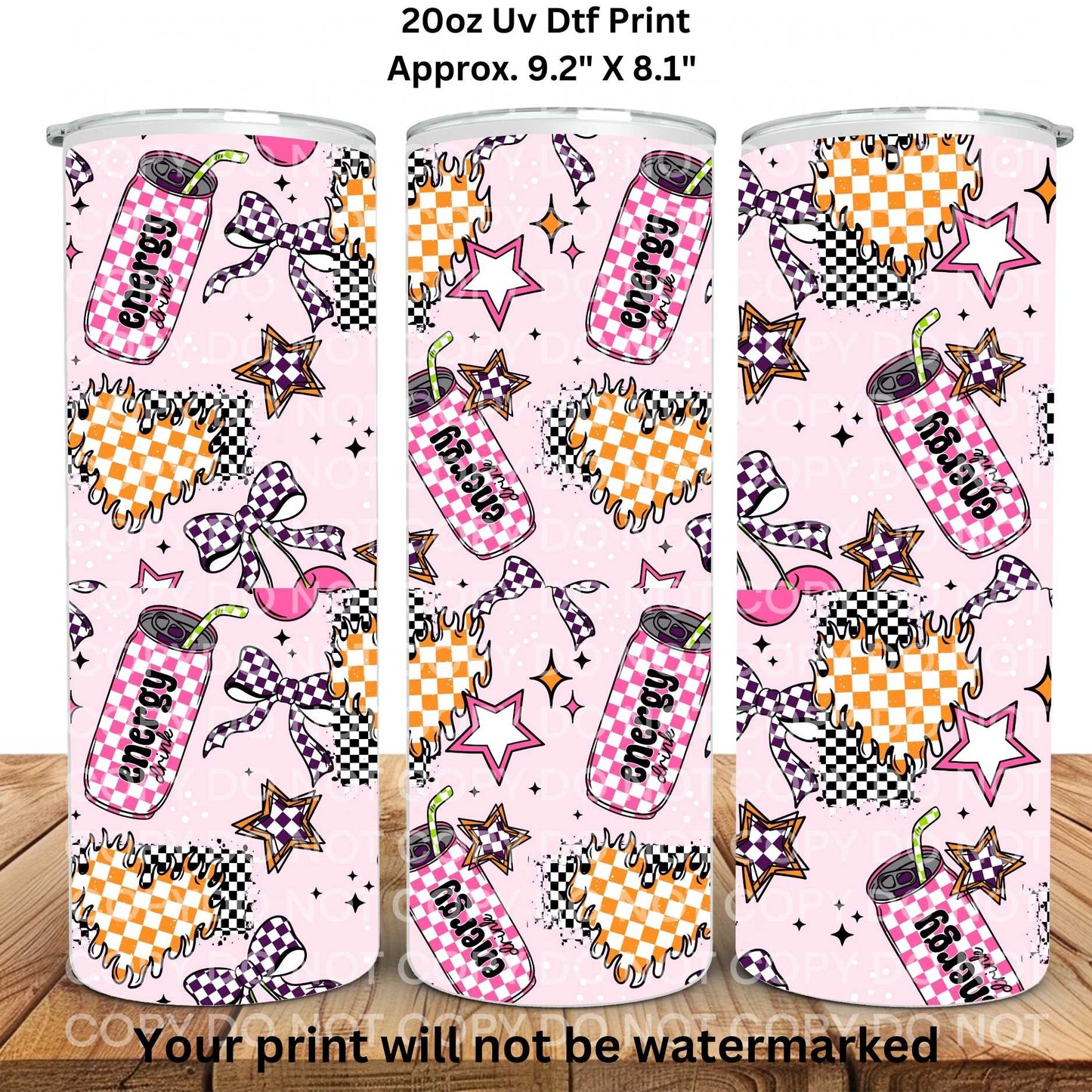 Checkered Energy Drinks & Hearts 20oz Skinny Tumbler Sublimation Print