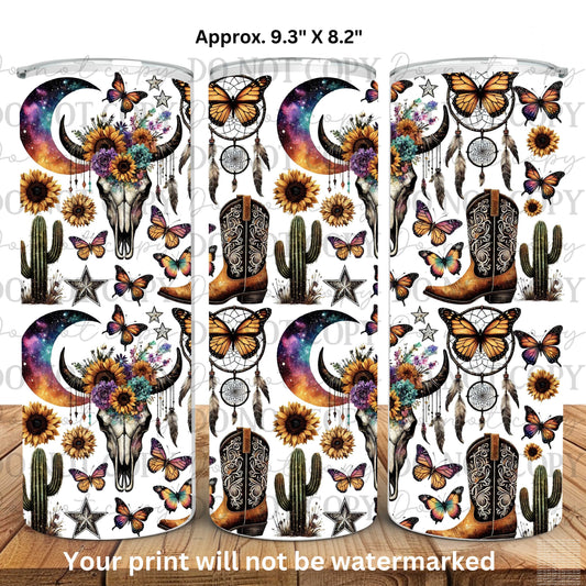 Floral Cow Skulls & Boots 20oz Skinny Tumbler Sublimation Print