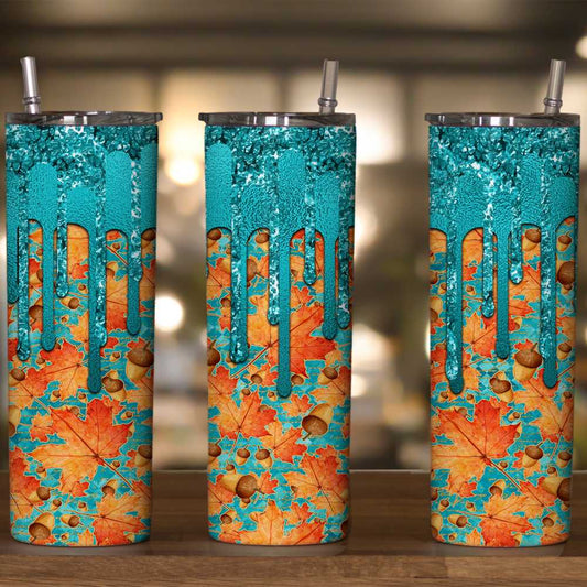 Acorns & Leaves Glitter Turquoise Drip Skinny Tumbler Sublimation Print