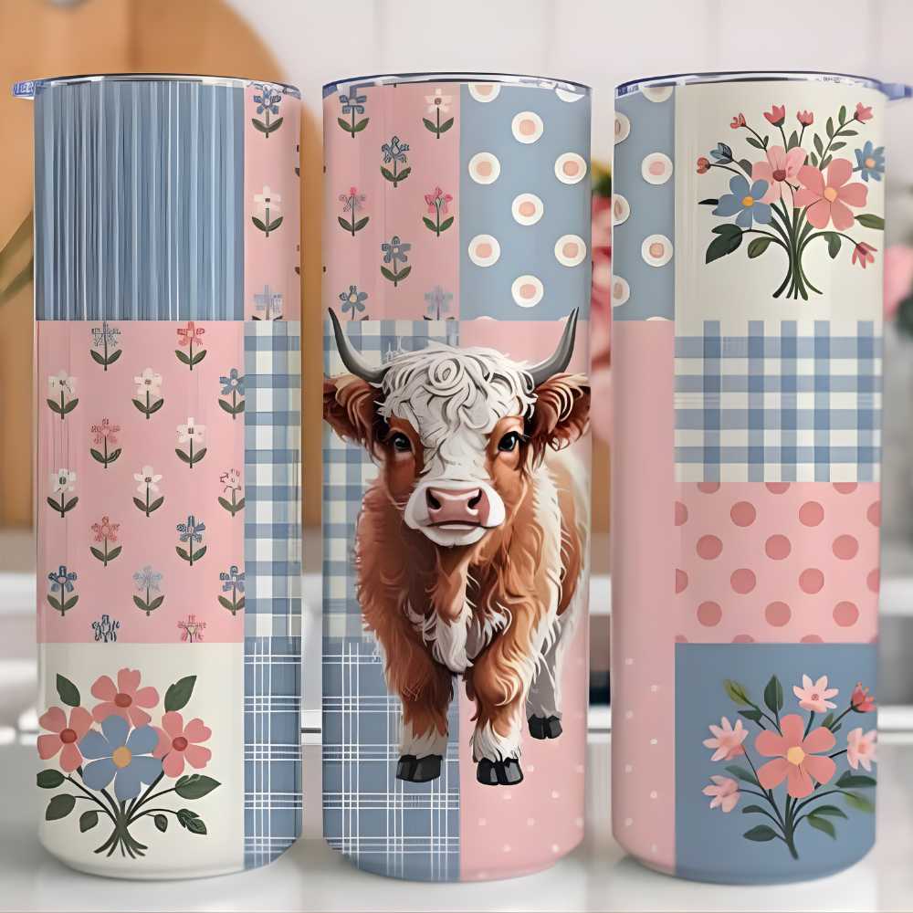 Highland Cow Faux Patchwork Skinny Tumbler Sublimation Print