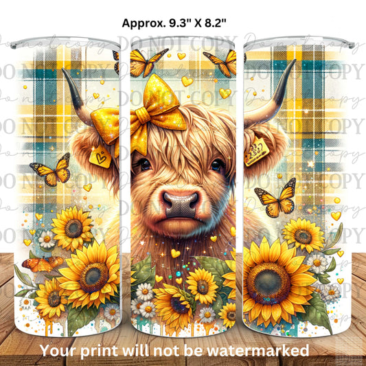 Highland Cow Sunflowers 20oz Skinny Tumbler Sublimation Print
