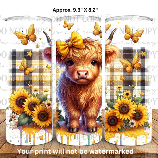 Highland Cow Sunflowers 20oz Skinny Tumbler Sublimation Print