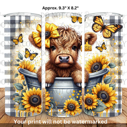 Highland Cow Sunflowers 20oz Skinny Tumbler Sublimation Print