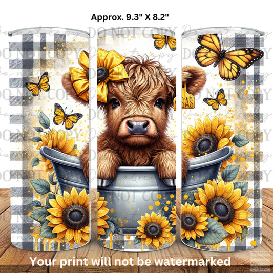 Highland Cow Sunflowers 20oz Skinny Tumbler Sublimation Print
