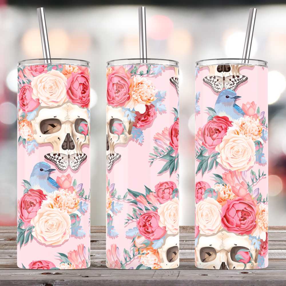 Skulls Florals Skinny Tumbler Sublimation Print