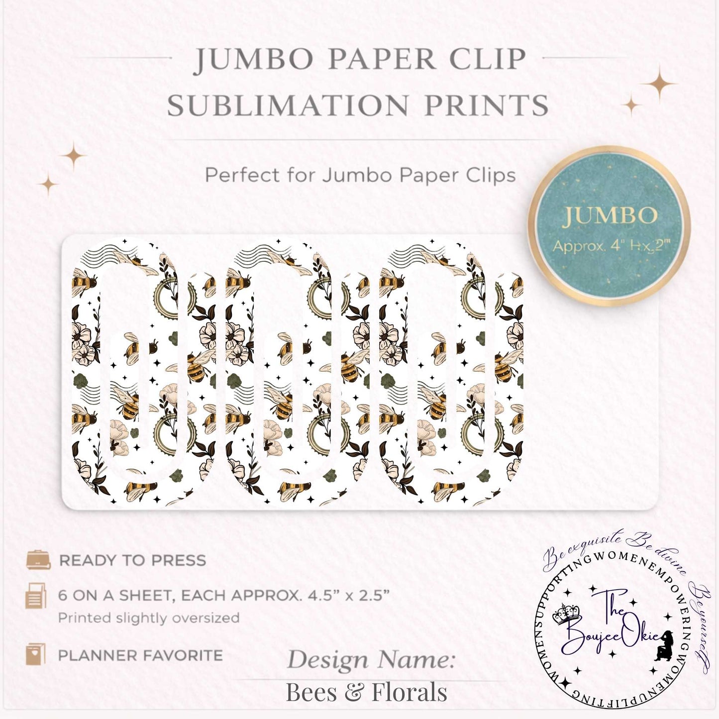 Bees & Florals Jumbo Paper Clip Sublimation Prints – 8.5” x 11” Sheet (6 Per Page, 4.5” x 2.5”) Premium Quality Transfers