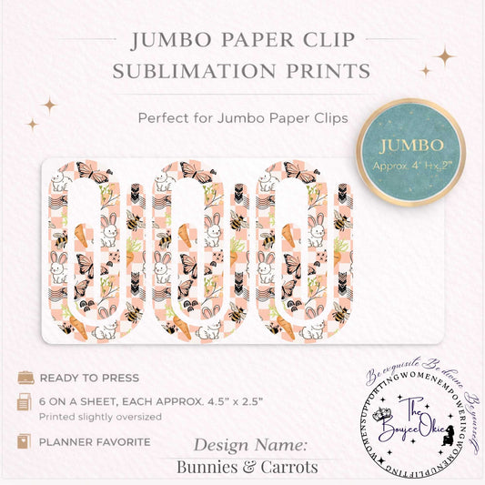 Bunnies & Carrots Jumbo Paper Clip Sublimation Prints – 8.5” x 11” Sheet (6 Per Page, 4.5” x 2.5”) Premium Quality Transfers