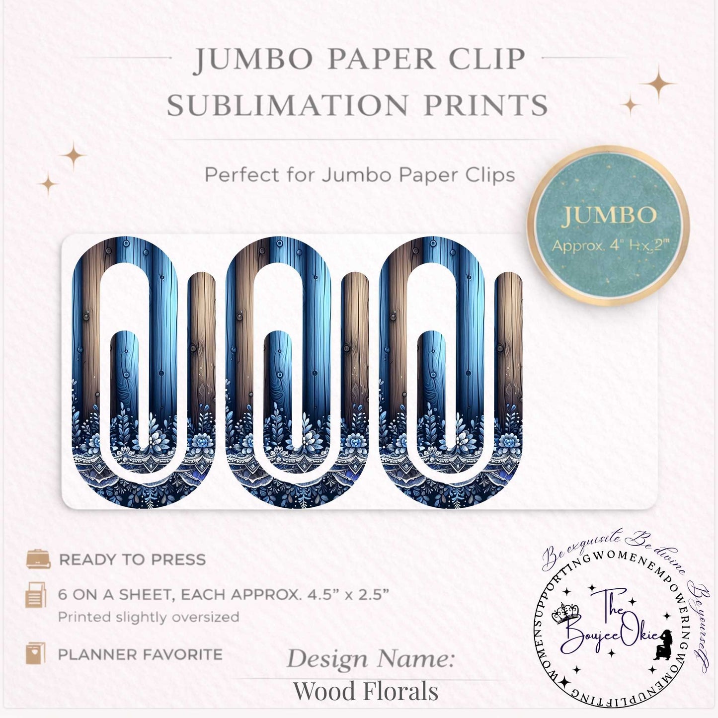 Wooden Floral Jumbo Paper Clip Sublimation Prints – 8.5” x 11” Sheet (6 Per Page, 4.5” x 2.5”) Premium Quality Transfers