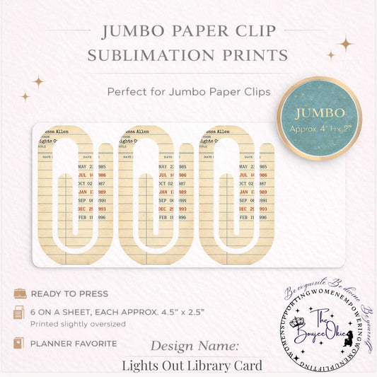Lights Out Library Card Jumbo Paper Clip Sublimation Prints – 8.5” x 11” Sheet (6 Per Page, 4.5” x 2.5”) Premium Quality Transfers