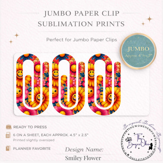 Smiley Flower Jumbo Paper Clip Sublimation Prints – 8.5” x 11” Sheet (6 Per Page, 4.5” x 2.5”) Premium Quality Transfers