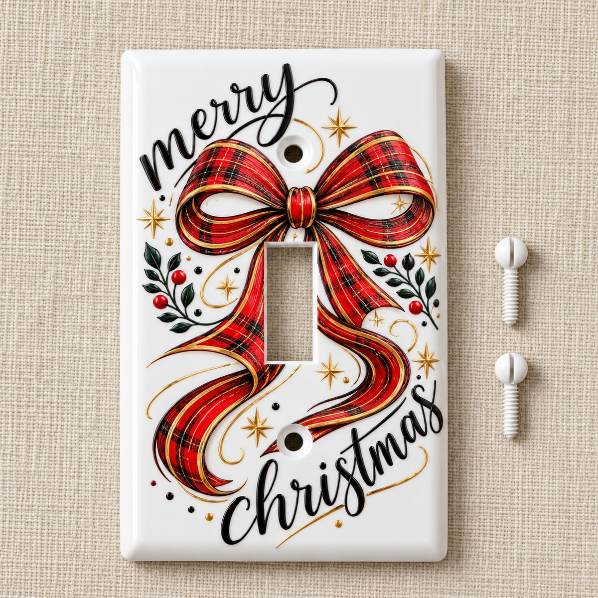 A single-toggle light switch plate cover with a festive Christmas design, featuring a large red and gold plaid bow, holly leaves, berries, and the words 'merry Christmas' in black and gold script. Two white mounting screws are shown to the right on a beige textured fabric background.