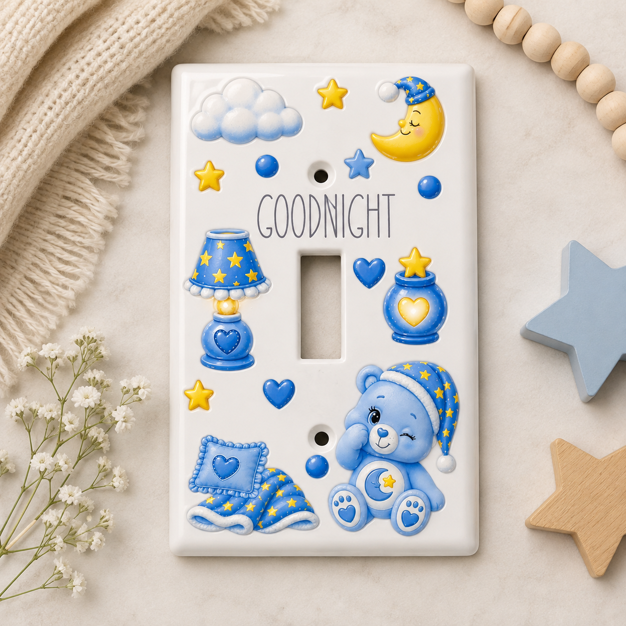 Goodnight Kids Light Switch Cover – Blue Bear, Moon & Stars Bedroom Decor