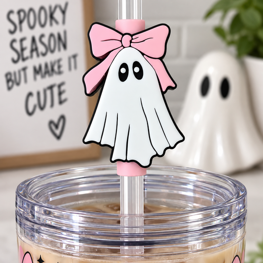 Pink Bow Ghost Straw Topper For Standard Straws