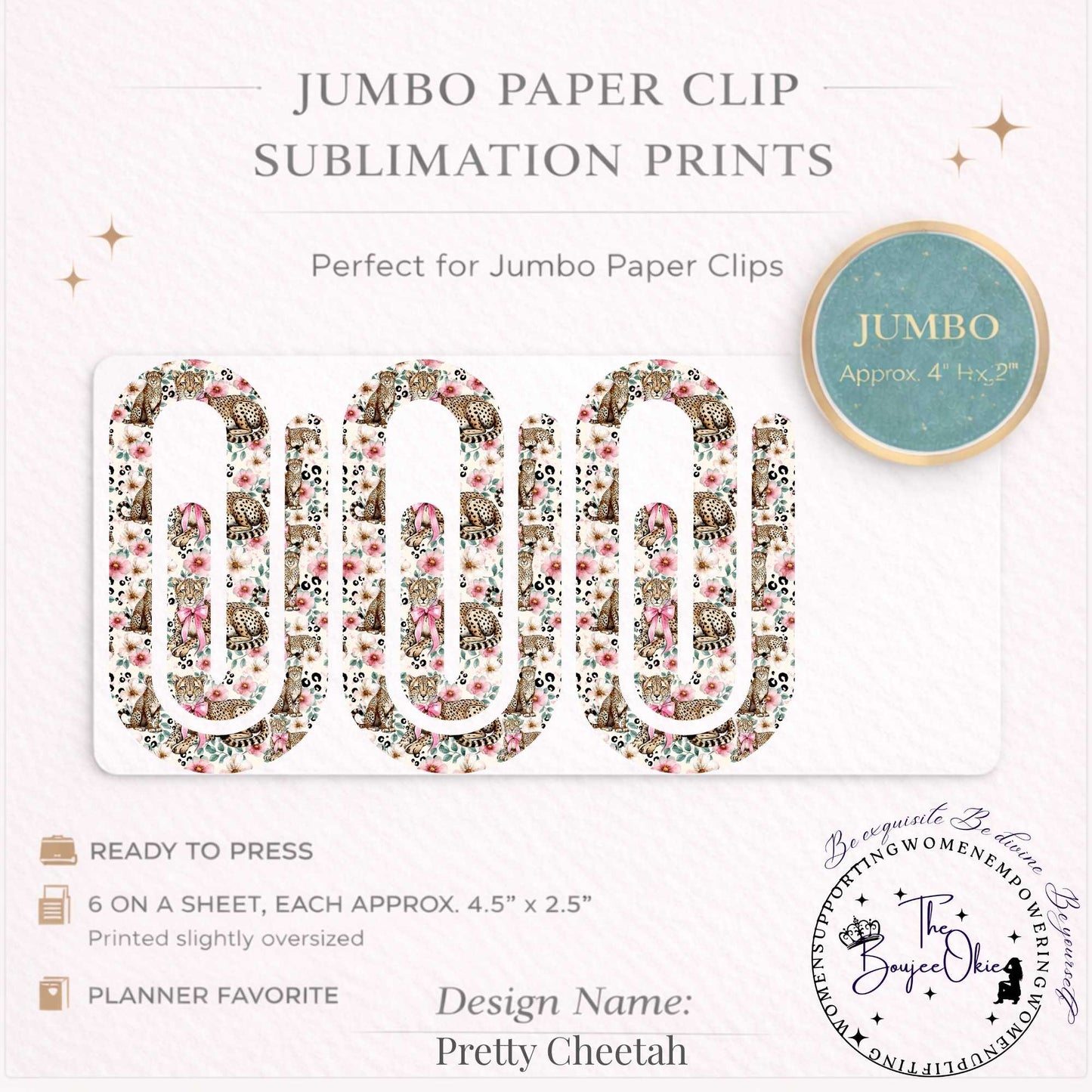Pretty Cheetah Jumbo Paper Clip Sublimation Prints – 8.5” x 11” Sheet (6 Per Page, 4.5” x 2.5”) Premium Quality Transfers