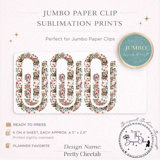 Pretty Cheetah Jumbo Paper Clip Sublimation Prints – 8.5” x 11” Sheet (6 Per Page, 4.5” x 2.5”) Premium Quality Transfers