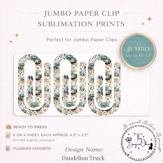 Dandelion Truck Jumbo Paper Clip Sublimation Prints – 8.5” x 11” Sheet (6 Per Page, 4.5” x 2.5”) Premium Quality Transfers