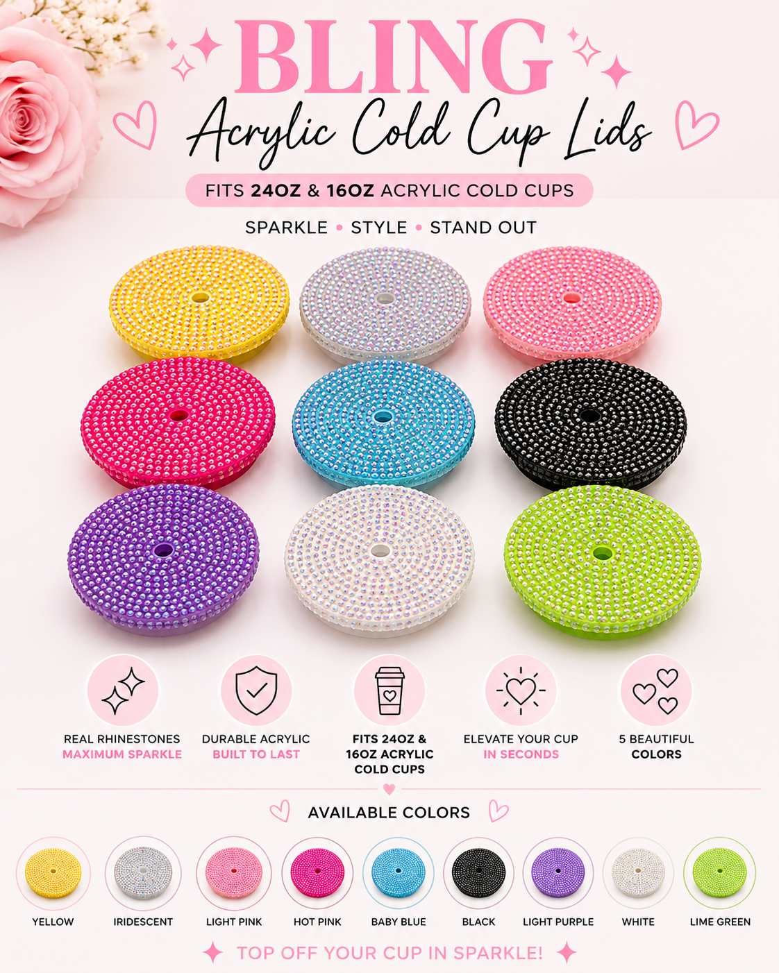 Acrylic Cold Cup Bling Lids Replacement Lid | Fits 16 oz & 24 oz Cups | 5 Colors