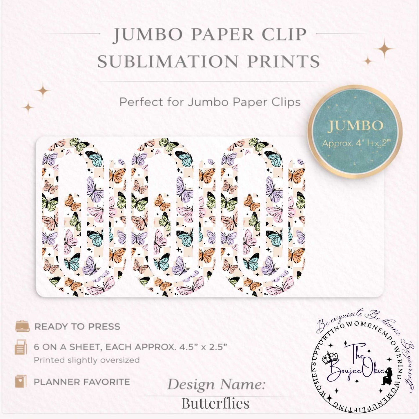 Butterflies Jumbo Paper Clip Sublimation Prints – 8.5” x 11” Sheet (6 Per Page, 4.5” x 2.5”) Premium Quality Transfers