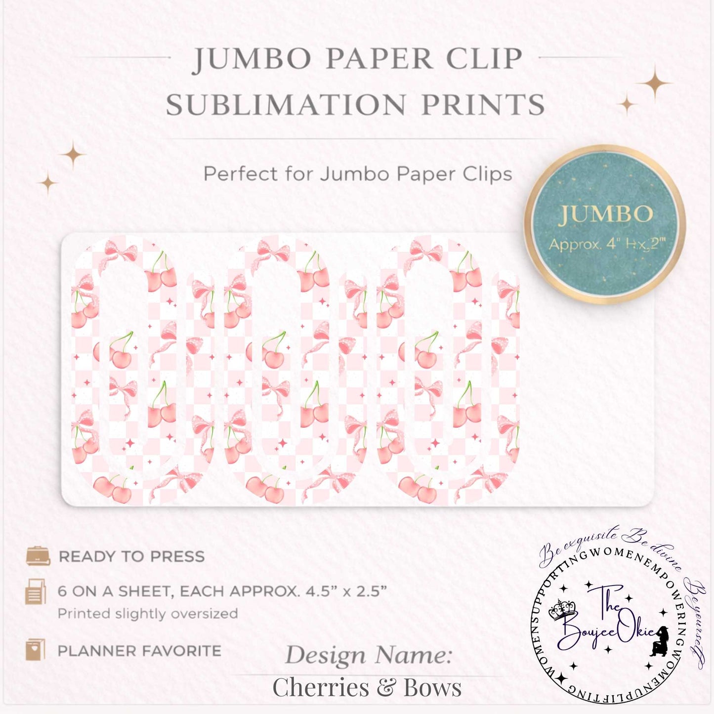 Cherries & Bows Jumbo Paper Clip Sublimation Prints – 8.5” x 11” Sheet (6 Per Page, 4.5” x 2.5”) Premium Quality Transfers