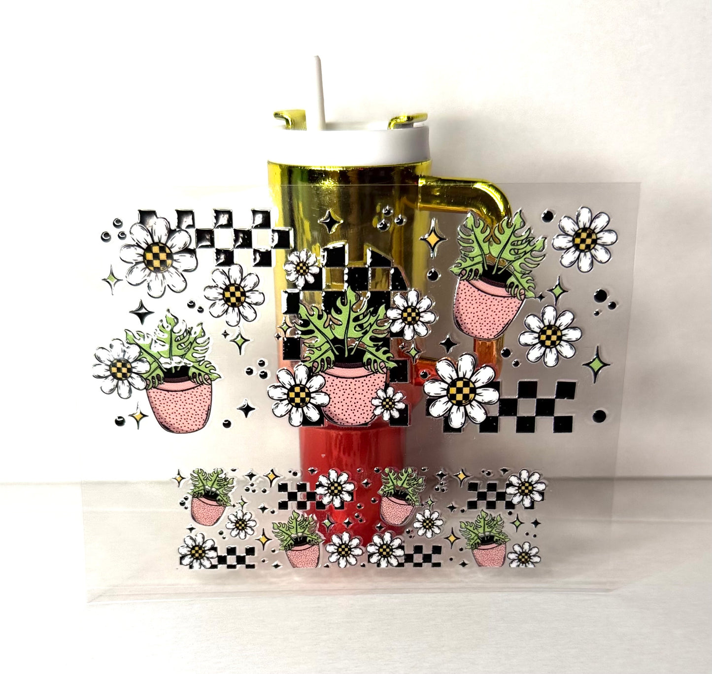 Checkered Plants & Daisies Mini Tumbler Keychain Uv Dtf Wraps Top & Bottom Set