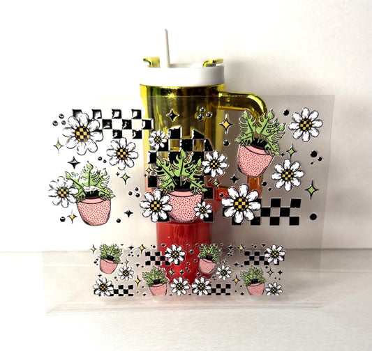 Checkered Plants & Daisies Mini Tumbler Keychain Uv Dtf Wraps Top & Bottom Set