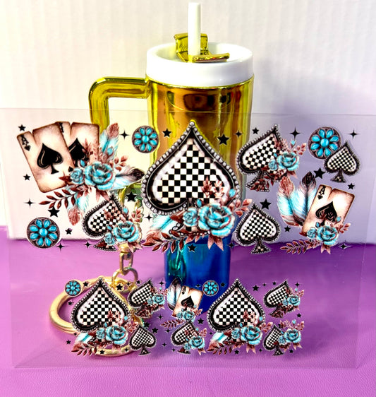 Aces High Checkered Hearts  Mini Tumbler Keychain Uv Dtf Wraps Top & Bottom Set